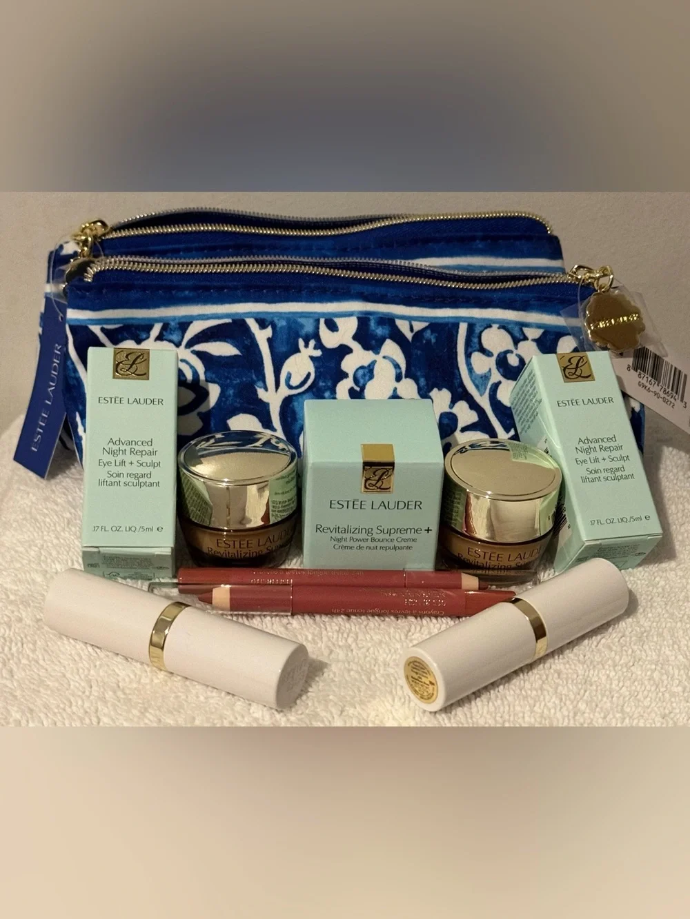 Estee Lauder Revitalizing Skincare & Lip Bundle with Blue Royale Cosmetic Bags
